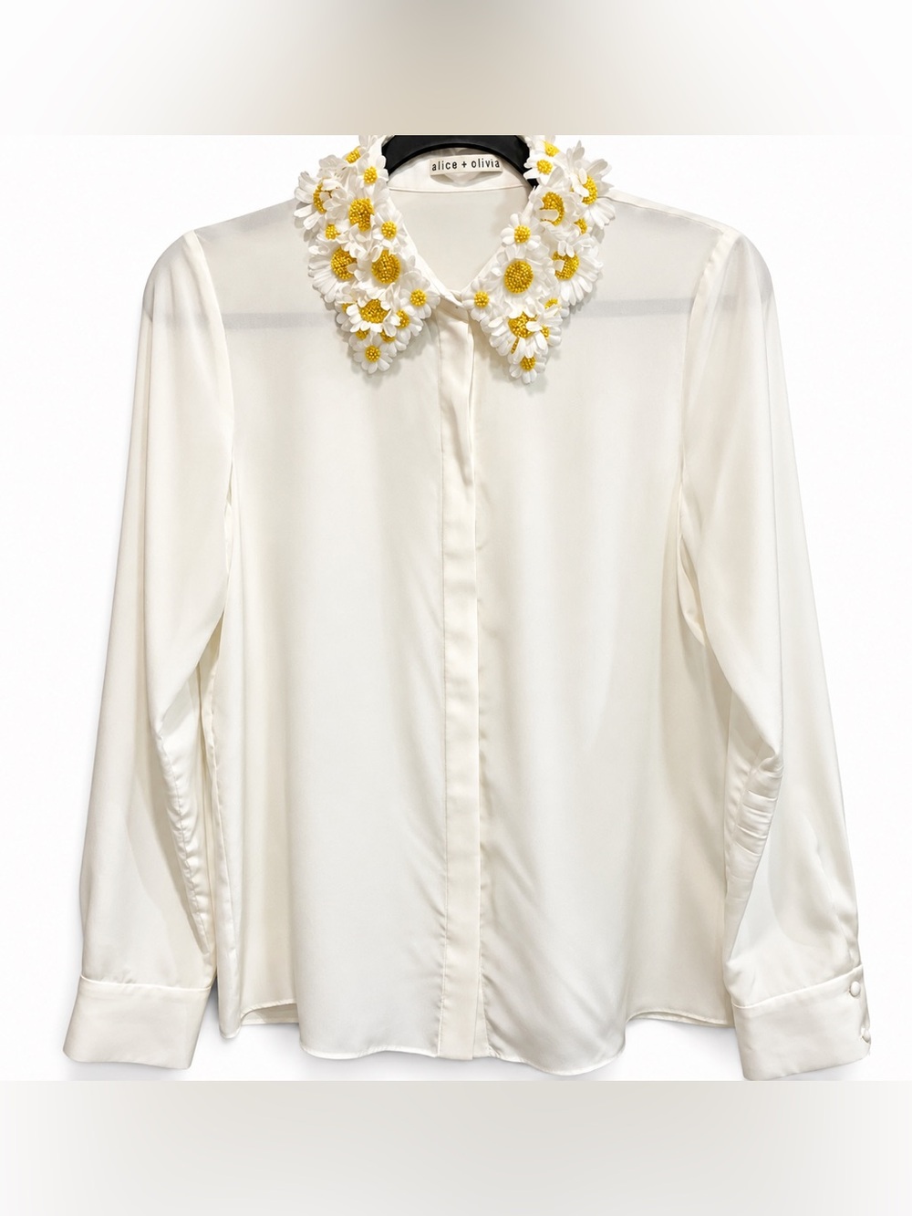 Alice + Olivia Willa Silk Daisy Embellished Beaded Collar Blouse Ecru M $440